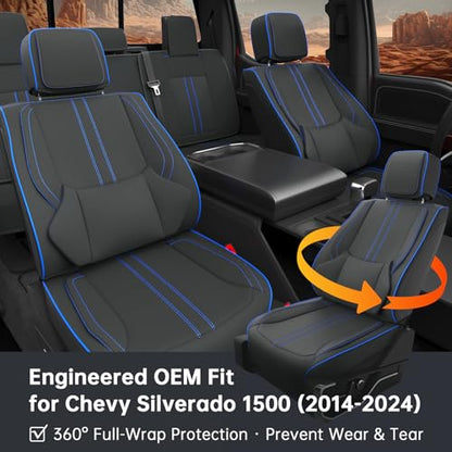 W&PMAX Custom-Fit Front Seat Covers for Chevy Silverado 1500 (2014–2019), Blue Front Set, Waterproof Leather, Airbag Safe, Easy Install - color: Black&Blue, size: Front Pair