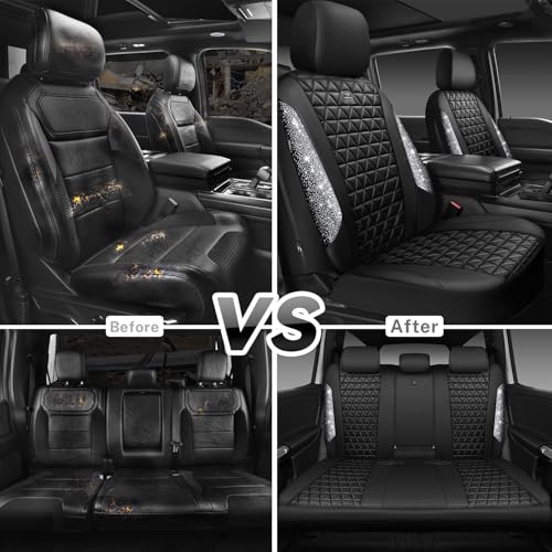 CAR PASS Bling Diamond Leather Car Seat Covers Full Seats Interior Sets, Waterproof Shining Glitter Sparkly Crystal Universal Armrest Fit Automotive Truck SUV Cute Women Girl, Black Silver Rhinestone - color: Silver Rhinestone, size: Full Set