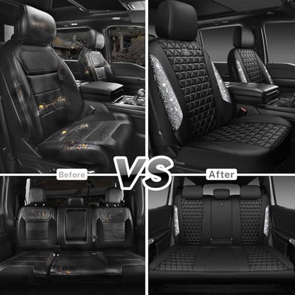 CAR PASS Bling Diamond Leather Car Seat Covers Full Seats Interior Sets, Waterproof Shining Glitter Sparkly Crystal Universal Armrest Fit Automotive Truck SUV Cute Women Girl, Black Silver Rhinestone - color: Silver Rhinestone, size: Full Set