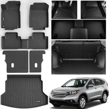 All Weather Floor Mats for Honda CRV 2016 2015 2014 2013 2012 2011 TPE Rubber Liners CR-V Odorless Anti-Slip Car Floor Liners-1st & 2rd Row & Cargo Mat Covering The Backrest Full Set - size: 12-16丨CRV full mat