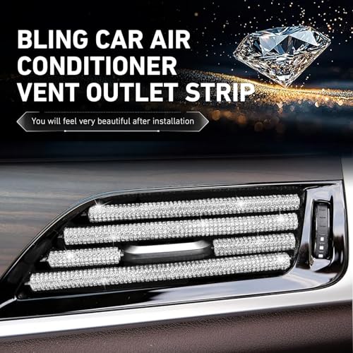 10 PCS Bling Car Vent Outlet Trims, Rhinestone PVC AC Straight Vent Decoration Strip, U-shape Clip-on Trim for Women & Girls, Interior Accessory for Most Vehicles (White)