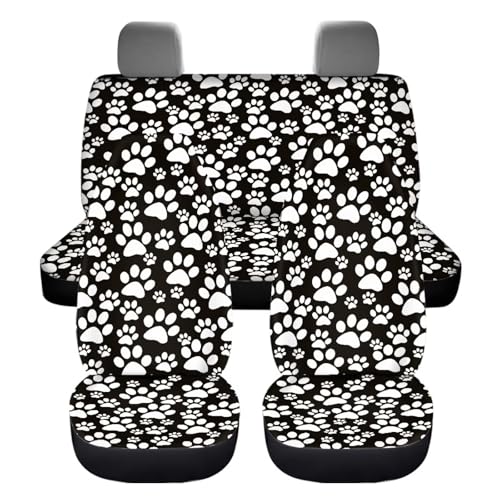 Dog Paw Print Car Seat Covers Full Set 4 Pieces White Dog Paw Car Accessories Auto Front Rear Seat Cover Split Bench Back Protector Automotive Cushion Pads Universal Fit for Cars Truck SUV - color: Dog Paw Print