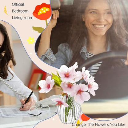 Artificial Cherry Blossoms with Mini Glass Vase for Car Dashboard Office Desk Decor,Pink White Flower Bouquets,Cute Car and Office Decoration Aesthetics
