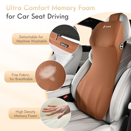 Car Seat Lumbar Support with Headrest Pillow Memory Foam Car Lumbar Pillow Back Support Cushion 2-in-1 Ergonomic Back Rest Pillow & Car Neck Pillow for Driving Tailbone Pain Relief, Brown - color: Brown, size: 2-in-1 Lumbar&headrest Pillow