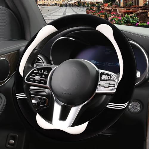 Furry Cute Steering Wheel Cover, Soft Fluffy Short Plush Auto Accessories, Non-Slip Cold-Proof Sweat-Proof Colorfast, Universal 15 inch(Black with White)