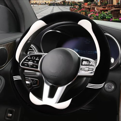 Furry Cute Steering Wheel Cover, Soft Fluffy Short Plush Auto Accessories, Non-Slip Cold-Proof Sweat-Proof Colorfast, Universal 15 inch(Black with White)