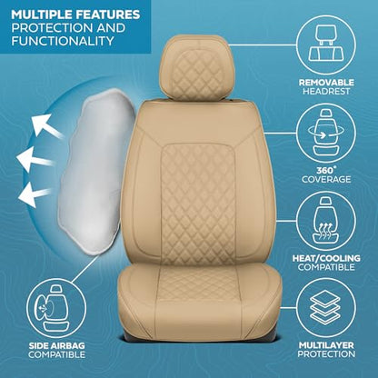 MotorBox Prestige Edition Napa Leather Seat Covers Full Set - Beige Car Seat Covers Front Seats and Back Car Seat Protector, Waterproof and Universal Fit for Most Small to Medium Autos, Trucks & SUVs - color: Beige Full Set