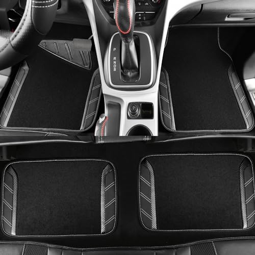 CAR PASS Leather Steering Wheel Cover and Waterproof Car Floor Mats,Microfiber Universal Car Combo Fit for 95% Sedan,SUV,Cars,14.5-15inch Sporty Anti-Slip Safety Comfortable Design(Carbon Fiber Black) - color: Carbon Fiber Black