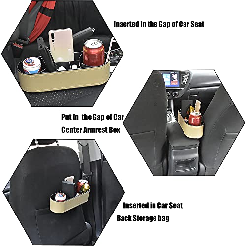 Car Cup Holder, Auto Front Seat Organizer, Multifunctional Cup Drink Holders with PU Leather Cover, Gap Filler Storage Box Coin Bucket Console Side Pocket Cell Mobile Phone Holder(Slim-Beige)