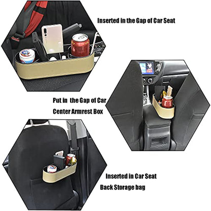 Car Cup Holder, Auto Front Seat Organizer, Multifunctional Cup Drink Holders with PU Leather Cover, Gap Filler Storage Box Coin Bucket Console Side Pocket Cell Mobile Phone Holder(Slim-Beige)