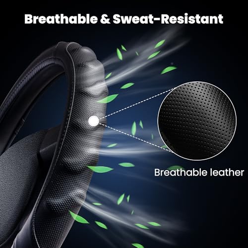Carbon Fiber D Shaped Steering Wheel Cover – Universal 15 Inch (14.5-15″) Flat Bottom Steering Wheel Cover – Non Slip Leather Grip with Gel Comfort Padding – Sporty Design for Cars, SUVs & Trucks