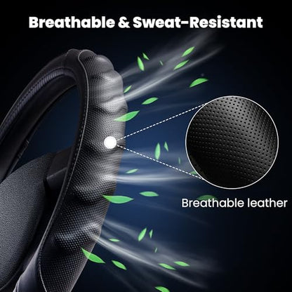 Carbon Fiber D Shaped Steering Wheel Cover – Universal 15 Inch (14.5-15″) Flat Bottom Steering Wheel Cover – Non Slip Leather Grip with Gel Comfort Padding – Sporty Design for Cars, SUVs & Trucks