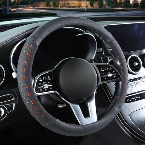 3D Premium Skin-Feel Leather Car Steering Wheel Cover, Anti-Slip Breathable Soft Slim Design, Universal 15 inch, Black with Orange - color: Black with Orange, size: Round-Medium[14.5''-15'']