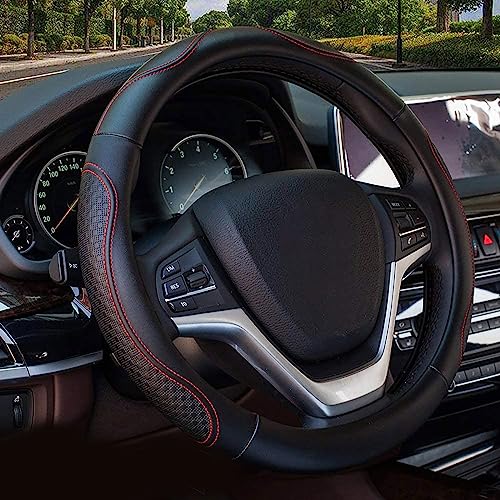 Valleycomfy Leather Steering Wheel Covers Universal 15 inch -Breathable, Anti Slip & Odor Free (Black with Red Lines,M(14" 1/2-15" 1/4)) - color: Red, size: M(14"1/2-15"1/4)