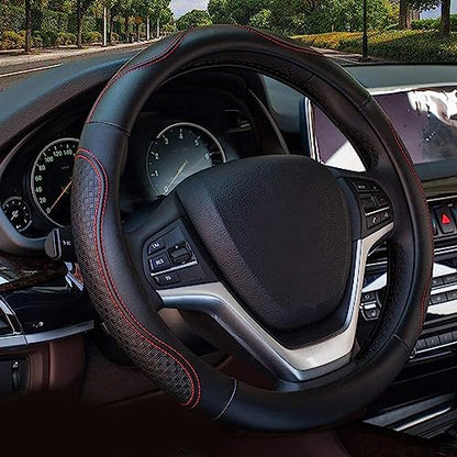 Valleycomfy Leather Steering Wheel Covers Universal 15.75 inch -Breathable, Anti Slip & Odor Free (Black with Red Lines,L(15" 1/2-16")) - color: Red, size: L(15"1/2-16")
