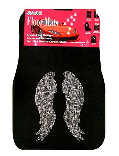 Universal Fit Car Truck Front/Rear 4-Piece Full Set Angel Crystal Bling Rhinestone Studded Black Carpet Floor Mats (Angel Wing/Black) - color: Angel Wing/Black