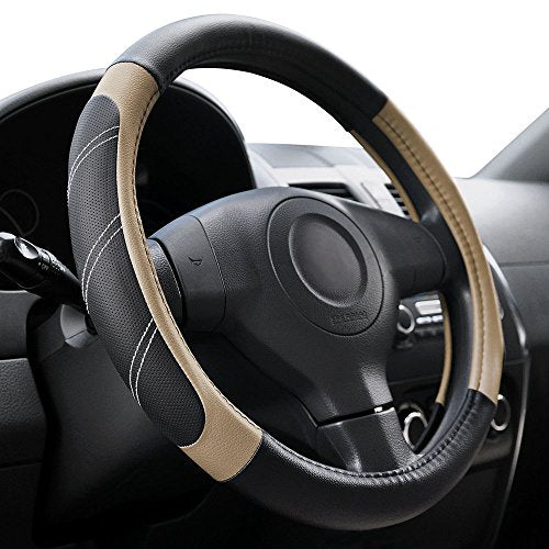 Elantrip Sport Leather Steering Wheel Cover 14 1/2 inch to 15 inch Universal, Padded Soft Grip Breathable for Car Truck SUV Jeep, Anti Slip Odorless Black and Beige - color: Black and Beige, size: 14 1/2 - 15 Inch