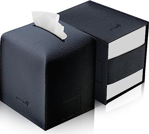 Tissue Box Cover 5X5X5'' PU Leather Tissue Holder Square Tissue Cube Box Organizer for Bathroom Vanity Countertop, Car, Night Stands, Office, Home, Kitchen (2Pack, Black) - color: Black, size: 2Pack