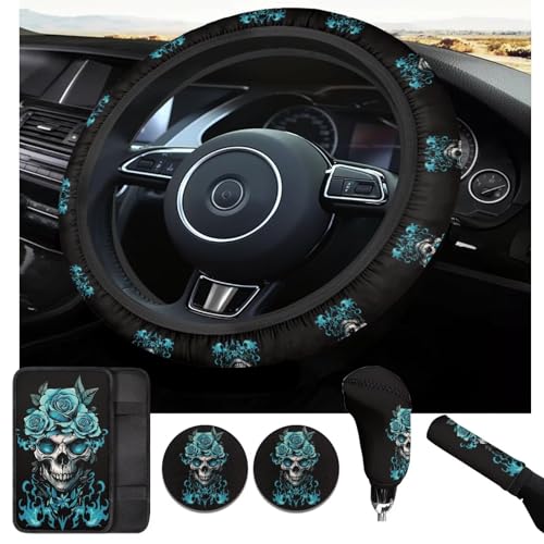 Green Rose Flower Car Accessories 6 Pcs Sets Skull Print Car Steering Wheel Cars Funny Cars Armrest Cover Handbrake Cover Auto Interior Sets - color: green rose skull