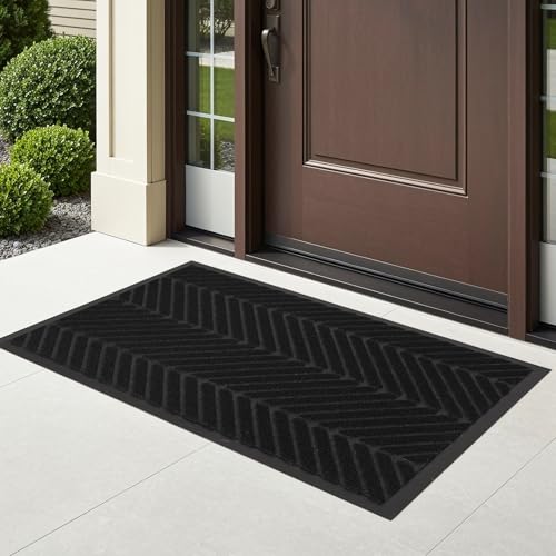16" x 32" Black Front Door Mat Indoor Outdoor, Low Profile Welcome Doormat for Entrance, Waterproof All-Weather Entry Mat for High Traffic Area - color: Black, size: 1'4" x 2'8" (Rectangular)