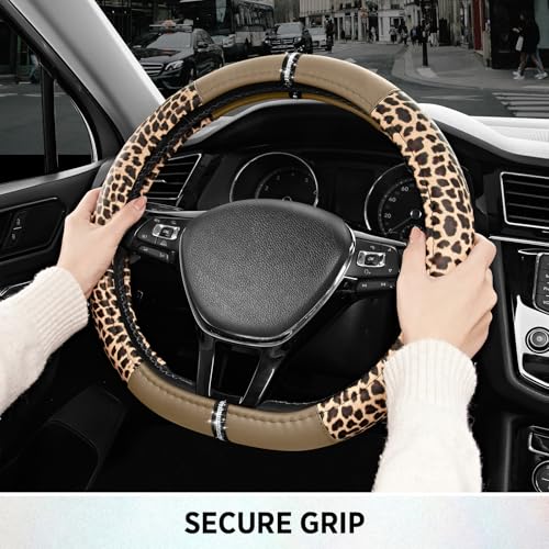 Road Comforts Leopard Steering Wheel Cover for Women, Cute Anti-Slip Microfiber Leather, Fits D Shape Flat Bottom Steering Wheel 14.5-15 Inch - Beige - color: D Shape-Beige