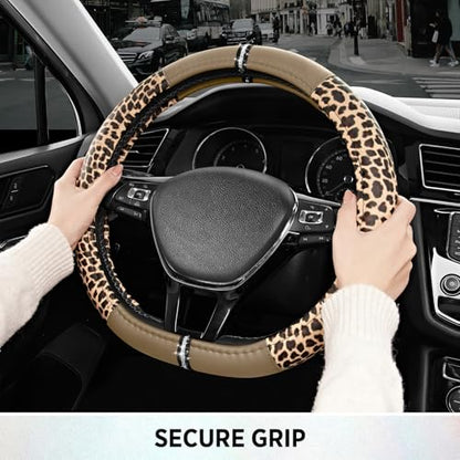 Road Comforts Leopard Steering Wheel Cover for Women, Cute Anti-Slip Microfiber Leather, Fits D Shape Flat Bottom Steering Wheel 14.5-15 Inch - Beige - color: D Shape-Beige