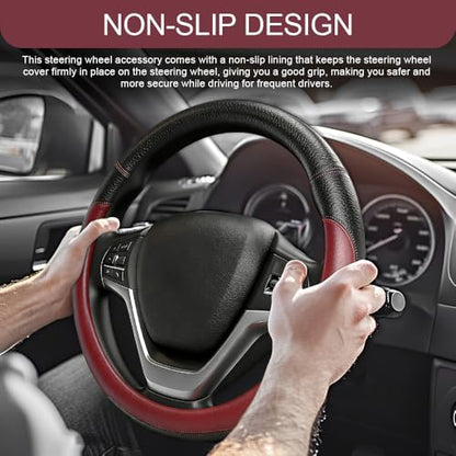 Car Steering Wheel Cover, Durable Leather Cover with Anti-Slip Lining, Microfiber PU Leather Elastic Steering Wheel Protector, Comfortable Non-Slip Steering Wheel Covers for Autos (Wine Red) - color: Wine Red