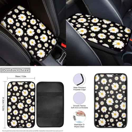 Daisy Flower Print Car Seat Covers Full Set 12 Pcs Car Accessories Set for Cars Seat Covers Armrest Cushion Cup Holders Headrest Cover Steering Wheel Cover for Women - color: Black Daisy