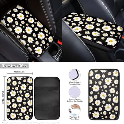 Daisy Flower Print Car Seat Covers Full Set 12 Pcs Car Accessories Set for Cars Seat Covers Armrest Cushion Cup Holders Headrest Cover Steering Wheel Cover for Women - color: Black Daisy