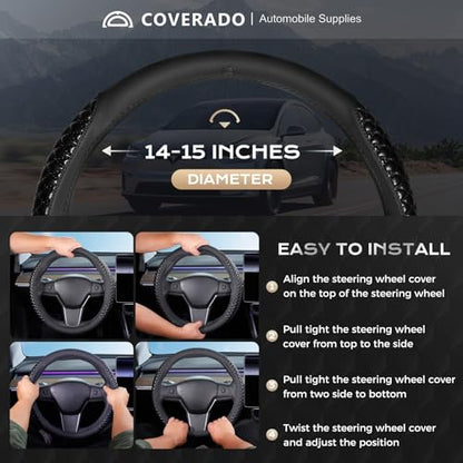 Coverado Car Steering Wheel Cover, Nappa Leather Black Steering Wheel Covers, Universal 14-15 inch, Anti-Slip, Breathable Steering Wheel Protector for Women Men - color: C-Black