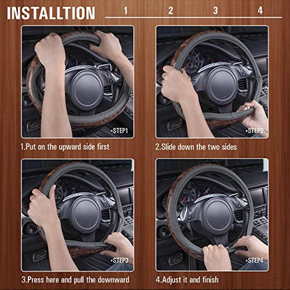 CAR PASS Wood Grain Microfiber Leather Steering Wheel Cover, Universal Fit for 14 1/2-15 inch Gray Steering Wheel, Anti-Slip Veins Design,Cars, Suvs,Minivans, Sedans (Gray) - color: gray