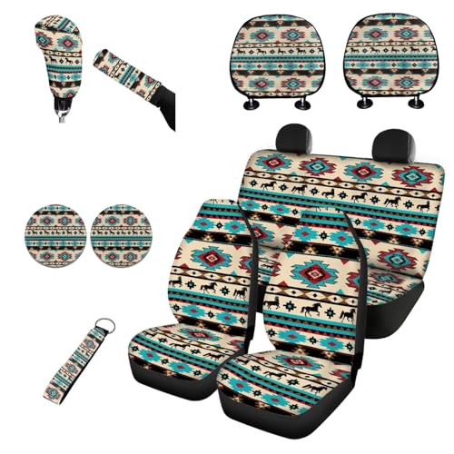Horeset Aztec South Auto Seat Cover Set of 11 with Car Seat Headrest Cover Lanyards Key Chain Cup Pad Gear Shift Knob & Handbrake Sleeve Car Accessories for Men Women - color: Aztec South