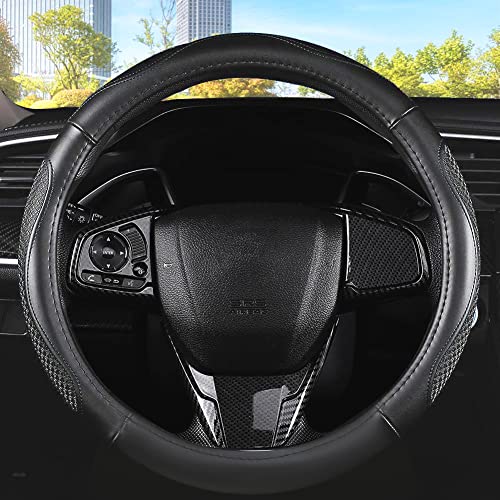 Leather Car Steering Wheel Cover 15 inch Universal Fit Microfiber Steering Wheel Cover Anti-Slip, Soft, Breathable, Full Surround Car Wheel Cover - color: Black