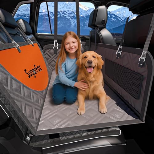 SugarFox Dog Car Seat Cover for Back Seat - Upgraded PU Leather Dog Hammock, 400lbs Hard Bottom Backseat Pet Cover, Waterproof Anti-Scratch + Pet Safety Belt (GRAY-60“x20”) - color: 01-GRAY, size: XL
