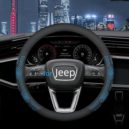 Leather Steering Wheel Cover for Jeep Wrangler Grand Cherokee Compass, 14.5-15 inches Car Steering Wheel Cover with Non-Slip Breathable (Blue) - color: Blue
