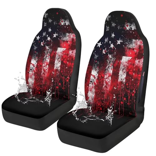 American Flag Print 2 Pcs Car Seat Cover for Front Seats, Tie Dye Printed Non-Slip Car Front Seat Covers Compatible with Airbag, Universal Fits Cars Interior Accessories - color: Black and Red - American Flag Tie Dye