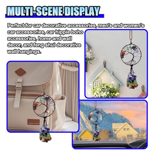 Chakra Colored Stones Car Rear View Mirror Charm, Handmade Auto Mirror Hanging Accessories, Crystal Tree of Life Car Ornament, Lucky Auto Interior Decoration Pendant for Women Men (Round Shape) - color: Round