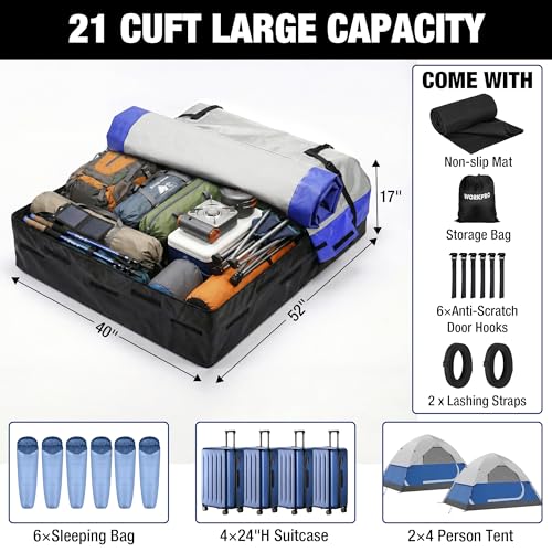 WORKPRO 21 Cubic Feet Rooftop Cargo Carrier Roof Bag, Waterproof Roof Rack Cargo Carrier for Vehicles with/Without Rack, Heavy Duty 840D PVC, Includes Anti-Slip Mat, 6 Door Hooks and Storage Bag