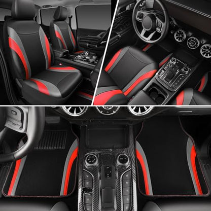 CAR PASS Leather Car Seat Covers Full Set with Waterproof Car Floor Mats,Airbag Compatible,Automotive Interior Covers for Cars Sedans,Trucks,Vans,SUV with Car Carpet Mats(Black and Red) - color: Red Black