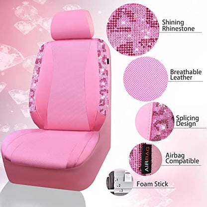 CAR PASS Leopard Diamond Car Seat Covers, Faux Leather Pink Bling Shining Rhinestones 2 Front, Universal Fit 95% Automotive Glitter Crystal Sparkle Strips for Cute Women Girl, Hot Pink - color: Leopard Print Pink, size: Two Front Seats