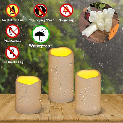 Flameless Candles 4" 5" 6" Outdoor Indoor Pillars Battery Operated Flickering Candles Include 10-Key Remote Timer 400+ Hours by 2 AA Batteries (Ivory Candle - Warm light, 3"D x 4"|5"|6" H - 3 Pack)