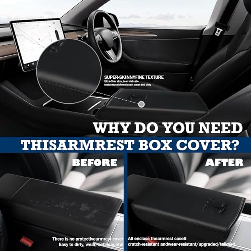 Center Console Armrest Cover for Tesla Model 3 2017-2023 & Model Y 2020-2025 - Black Genuine Leather Armrest Protector, Scratch Resistant Interior | Easy Install Skin with Bonus Key Card Holder - color: Black