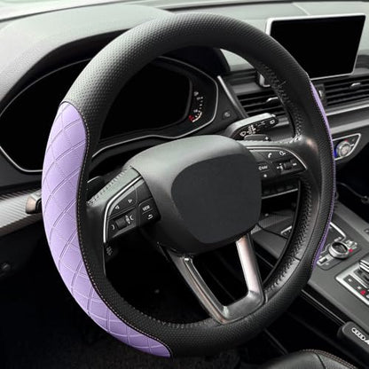 Nappa leather steering wheel cover,elegant diamond checkered design, non-slip wear-resistant, enhance driving comfort, suitable for steering wheel diameter 14 1/2‘-15’ models.Black and purple - color: Black and purple