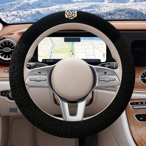 Black Camellia Lambswool Steering Wheel Cover, for Universal Auto Steering Wheel 14.5-15 in, Lambswool Fabric, Anti-Slip, Soft Plush, Comforting and Luxurious, Embroidery Patterns, Soft Texture - color: Black