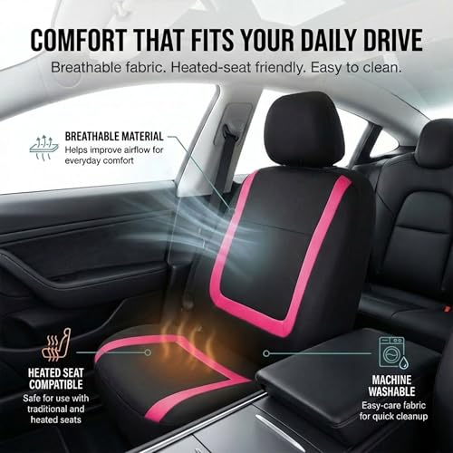 FH Group Full Set Car Seat Covers Unique Flat Cloth, Front Set and Solid Bench Cover with Gift, Easy to Install- Universal Fit for Cars Trucks and SUVs (Pink) - color: pink