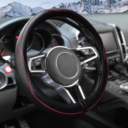 Steering Wheel Cover,Car Accessories 14.5-15 Inch Leather Steering Wheel Cover,Anti-Slip Breathable Microfiber Leather Covers,Warm in Winter and Cool in Summer,Fit for Suvs (Black-Pink)