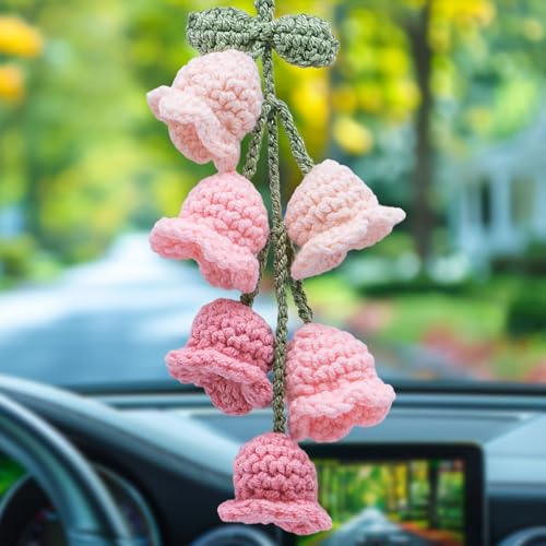 Car Mirror Hanging Accessories - Handmade Knitted Lily Flower Pendant, Cute Crochet Hanging Decor for Rearview Mirror, Women's Car Interior Decoration (1 PCS, Gradient Pink) - color: Gradient Pink-6