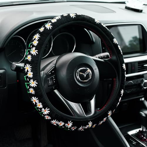 Embroidered Cute Daisy Black Steering Wheel Cover,Flower Steering Wheel Cover Protector for Women,Universal Fit Most Cars -15 inch - color: Black