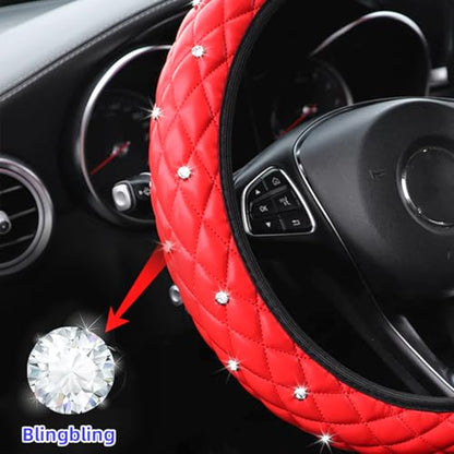 HZEL Bling Elastic Car Steering Wheel Covers, Leather Anti Slip Vehicle Steering Wheel Protector with Crystal Rhinestones, Diamond Auto Interior Decor Accessories, Universal Fit (Red)