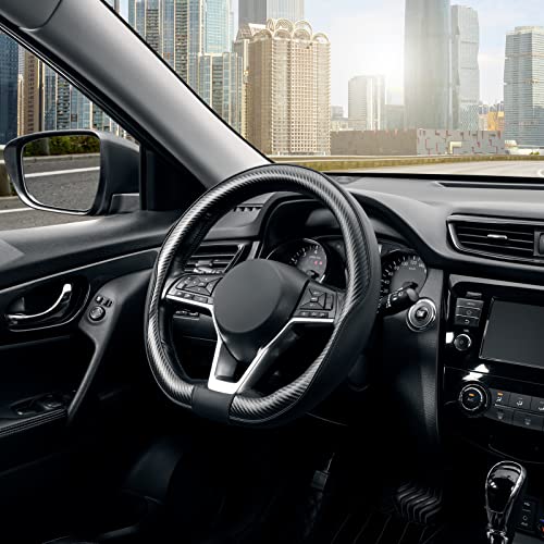 SEG Direct Flat Bottom Steering Wheel Cover Carbon Fiber, D Shaped Car Wheel Cover 14 1/2-15 in. (37-39 cm), Black Microfiber Leather with Carbon Fiber Pattern - color: 2. Black with Carbon Fiber, size: Standard size[14 1/2''-15'']
